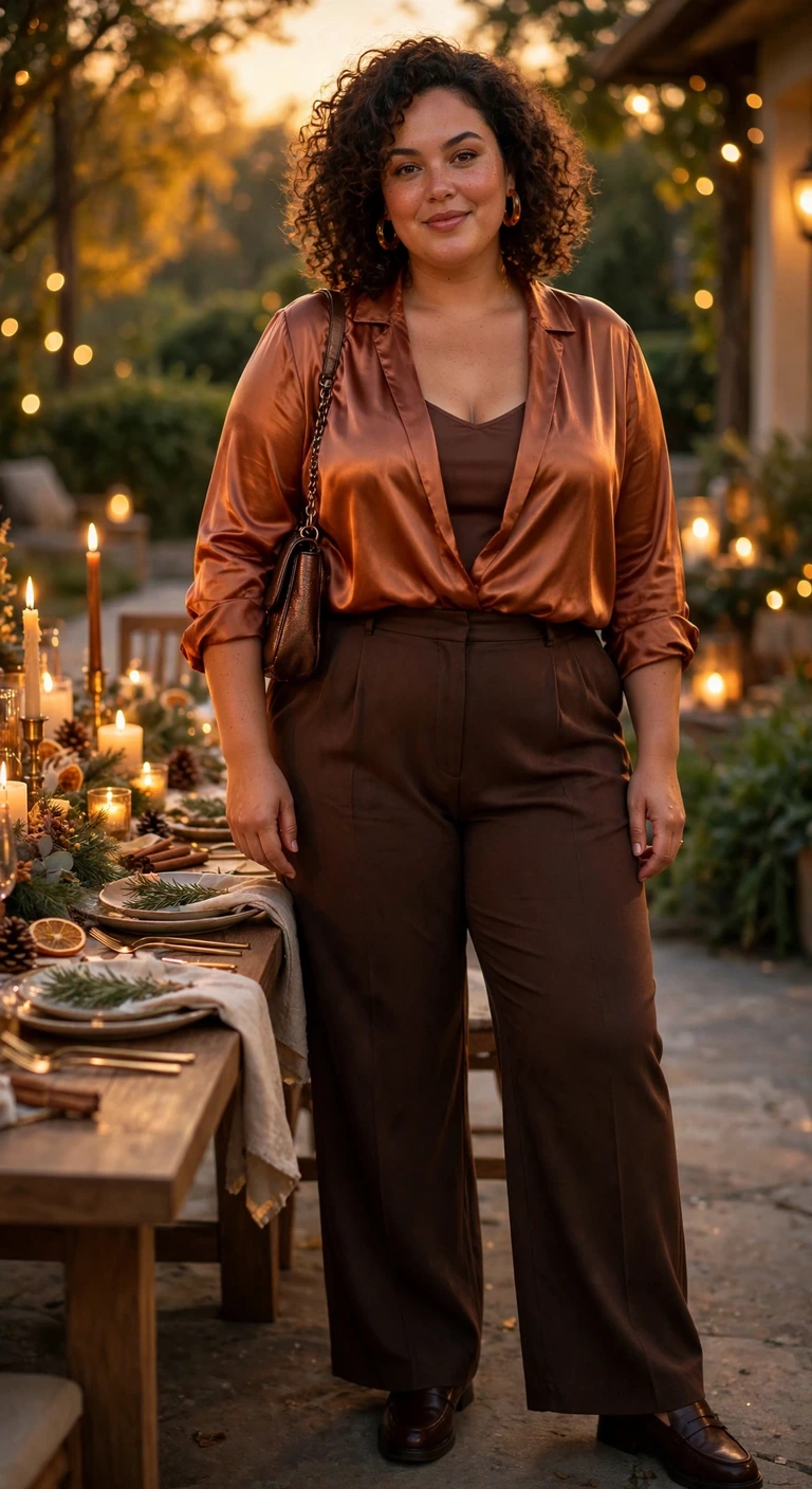 copper satin blouse with espresso wide-leg trousers
