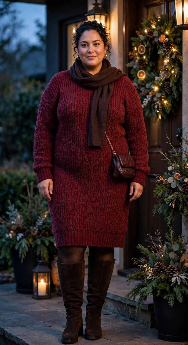 merlot sweater dress with tall espresso boots