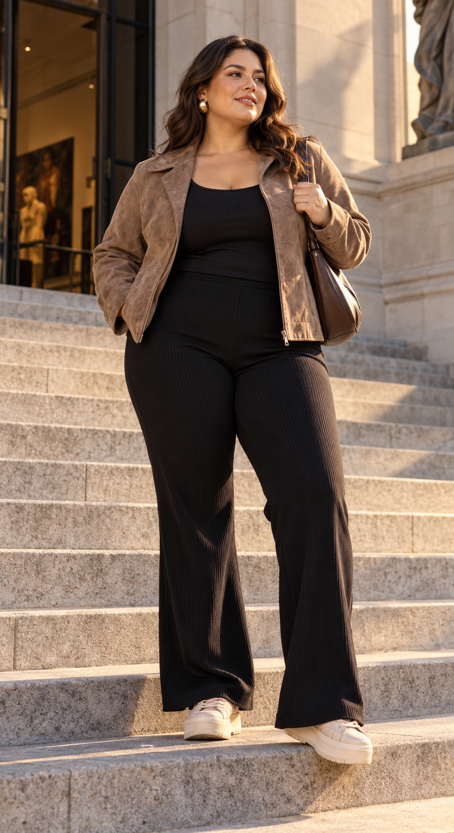 taupe suede jacket over black ribbed set