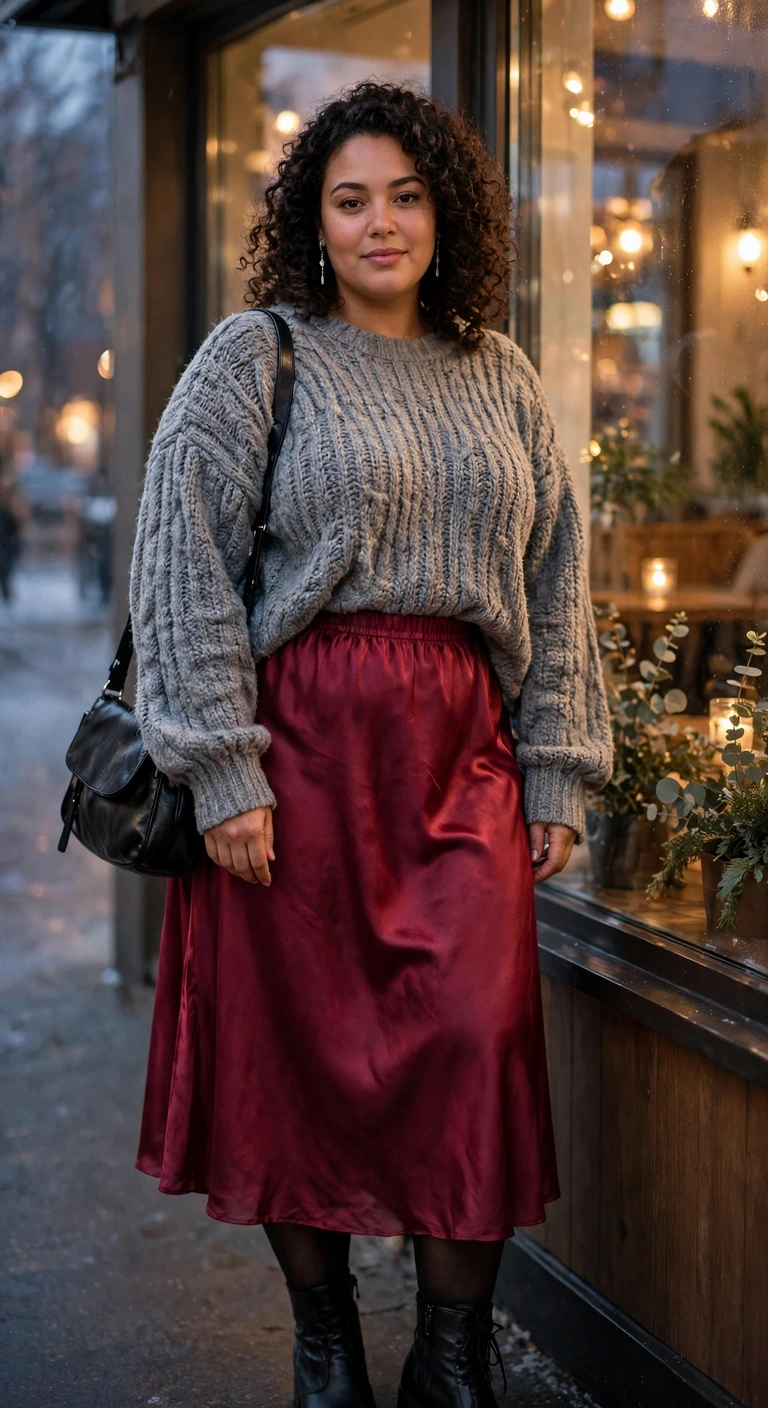 berry satin skirt with a chunky gray sweater