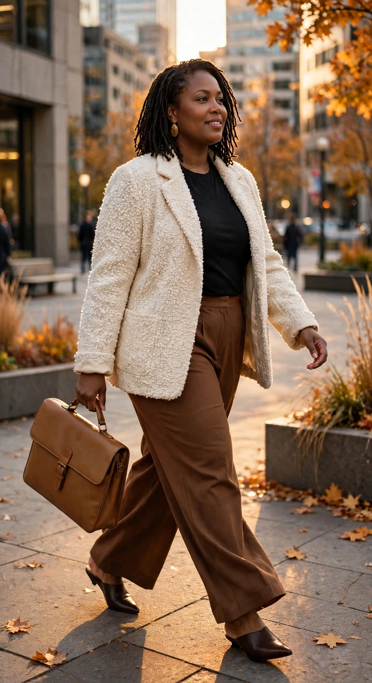 bouclé jacket with chestnut wide leg pants