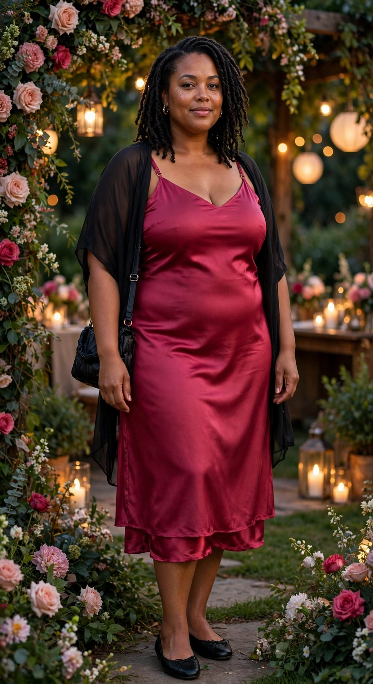 raspberry satin slip midi with a black wrap