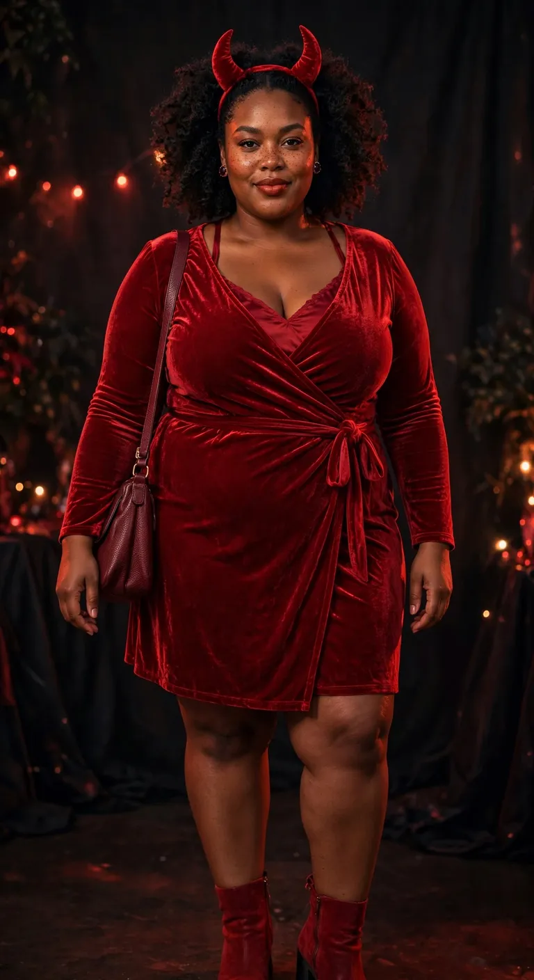 red velvet wrap dress with a horn headband