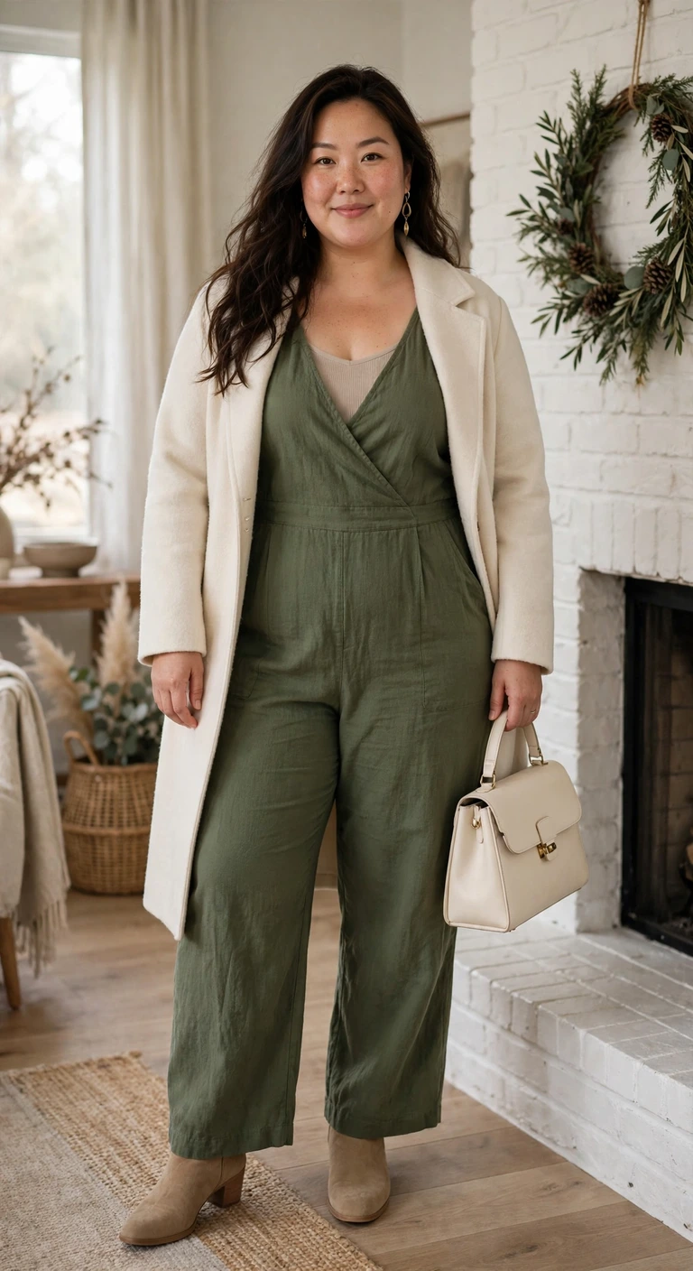 moss jumpsuit with a cream coat