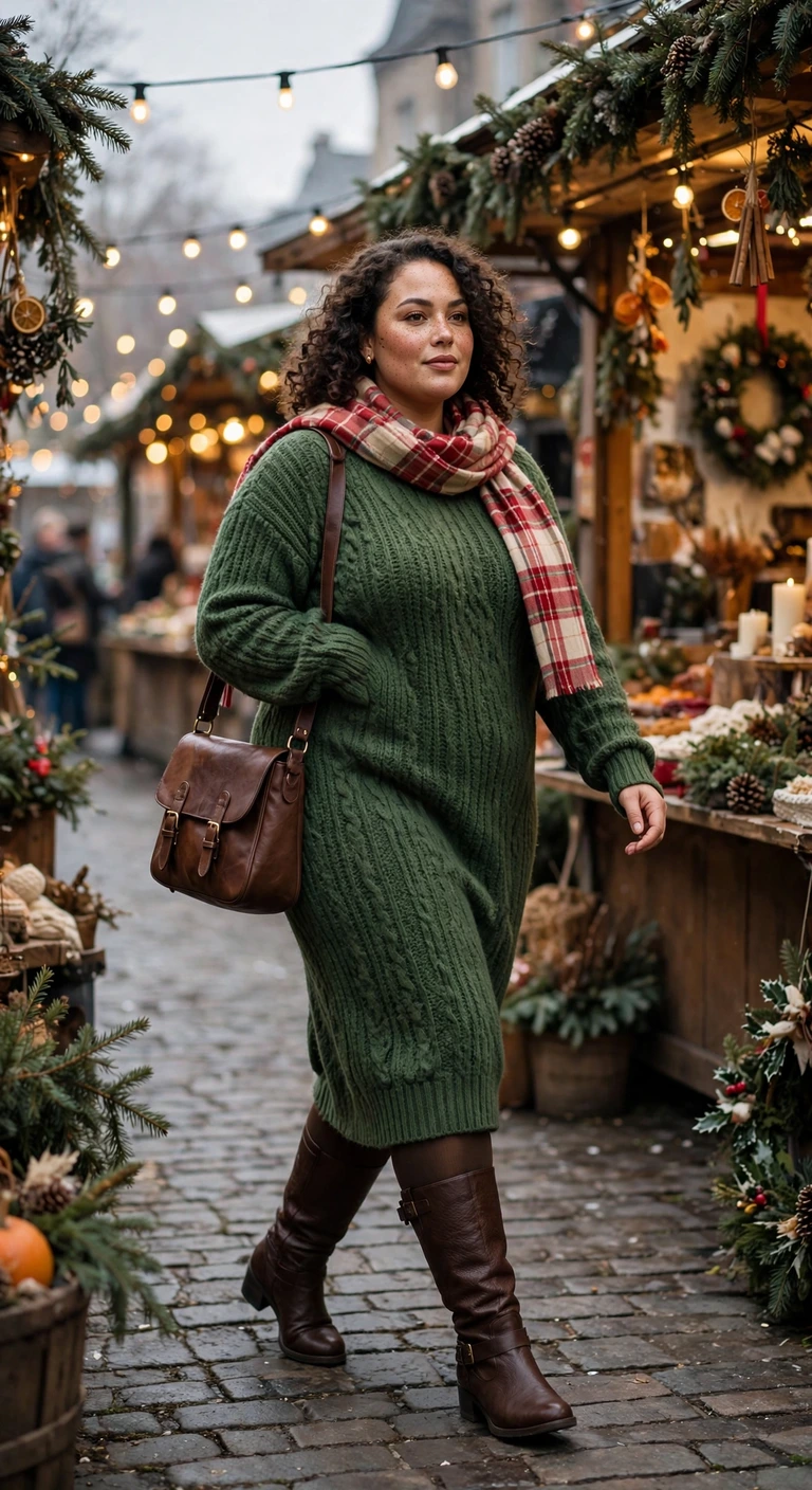 pine green sweater dress, plaid scarf and brown boots