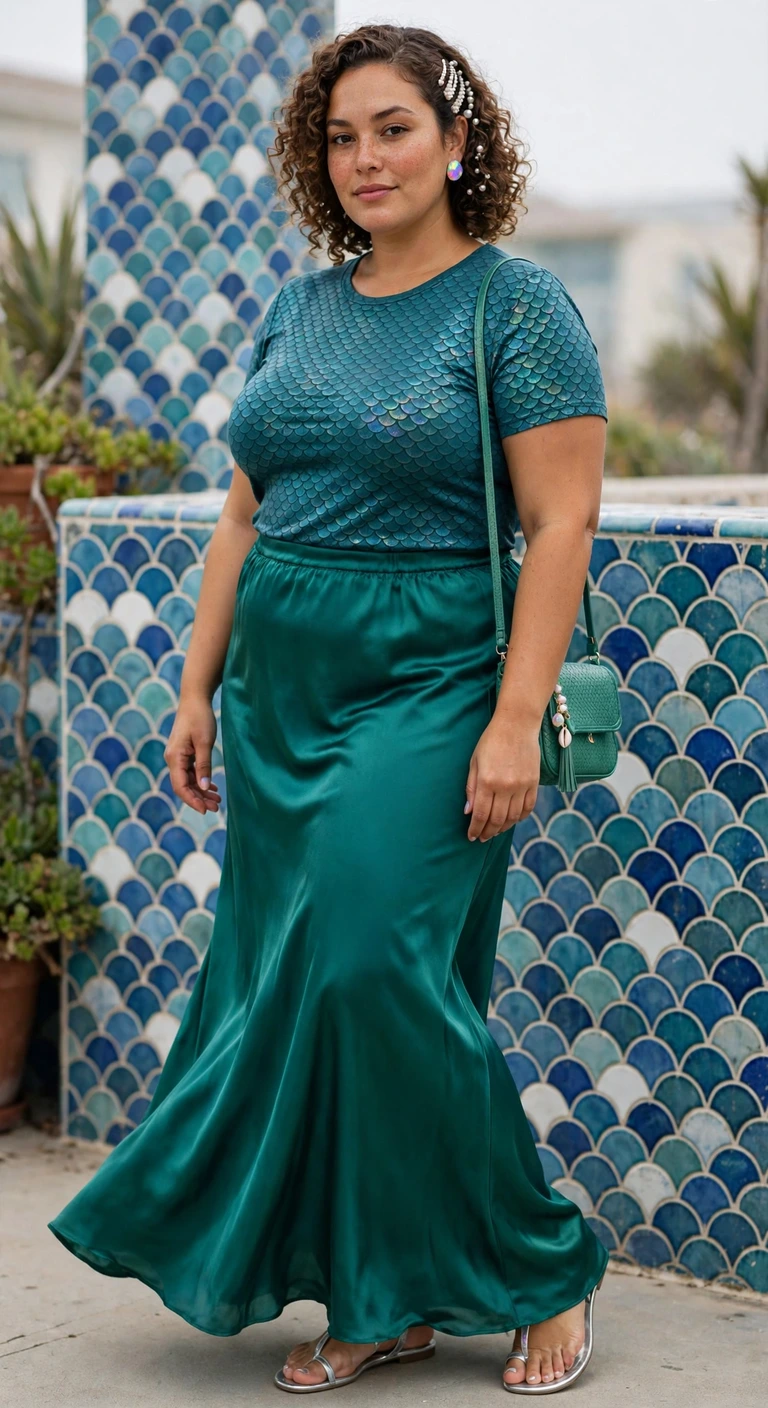 emerald satin skirt with a scale-print top