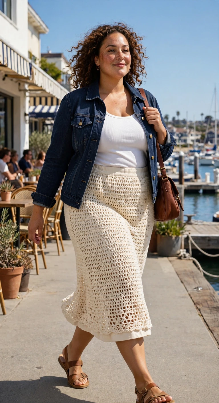 navy trucker jacket with a cream crochet skirt