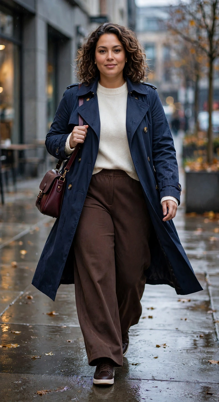 navy trench with a cream sweater and chocolate pants