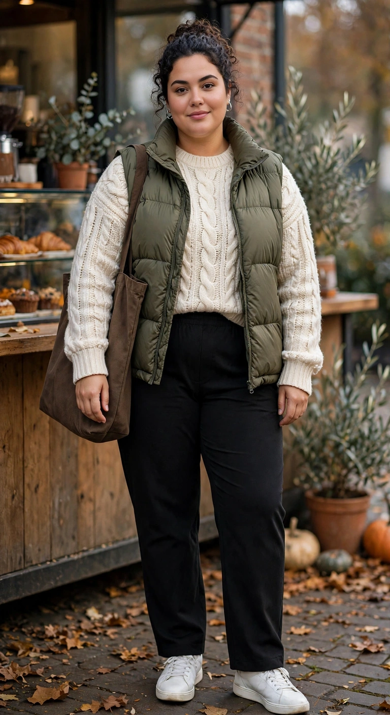 olive puffer vest with a cream knit and black trousers