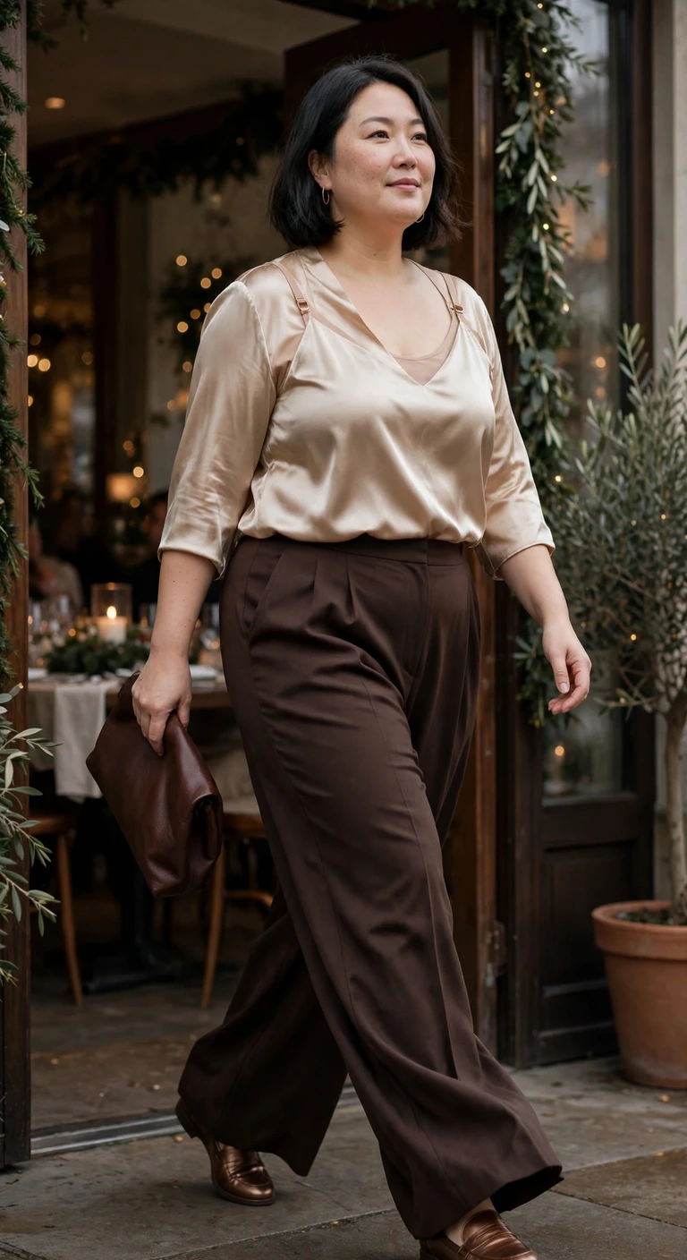 champagne satin blouse with espresso trousers