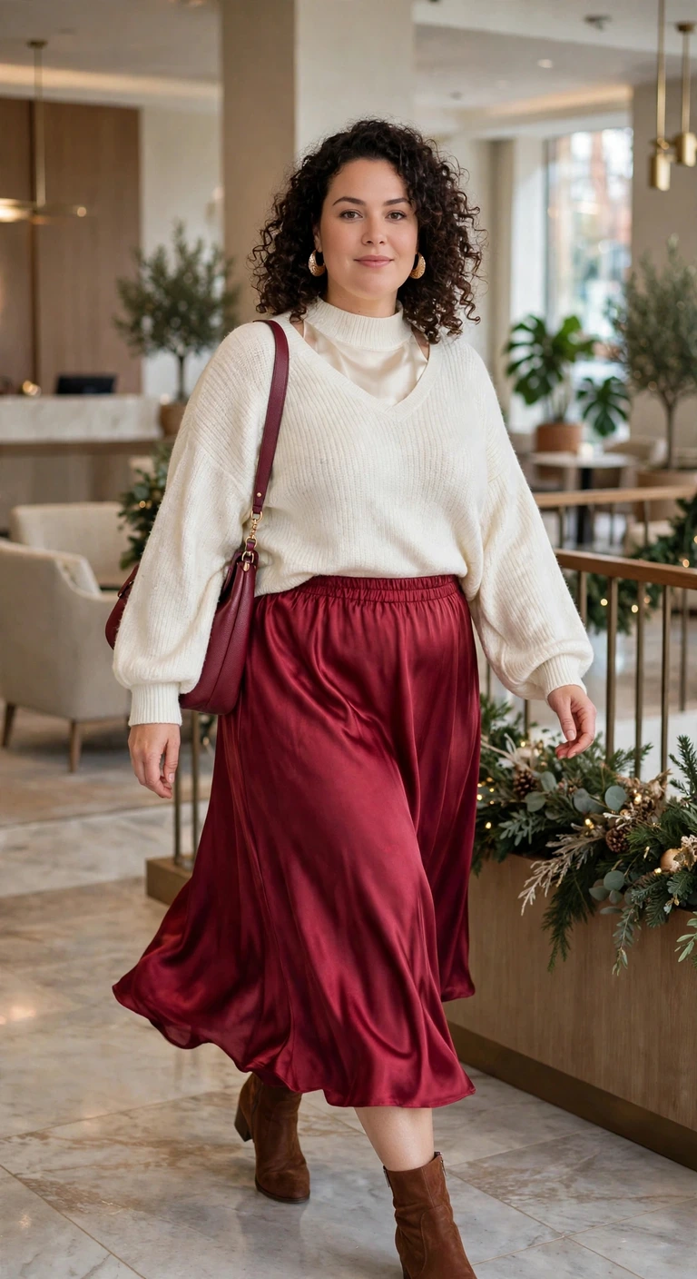 cranberry satin skirt with an ivory mock-neck sweater