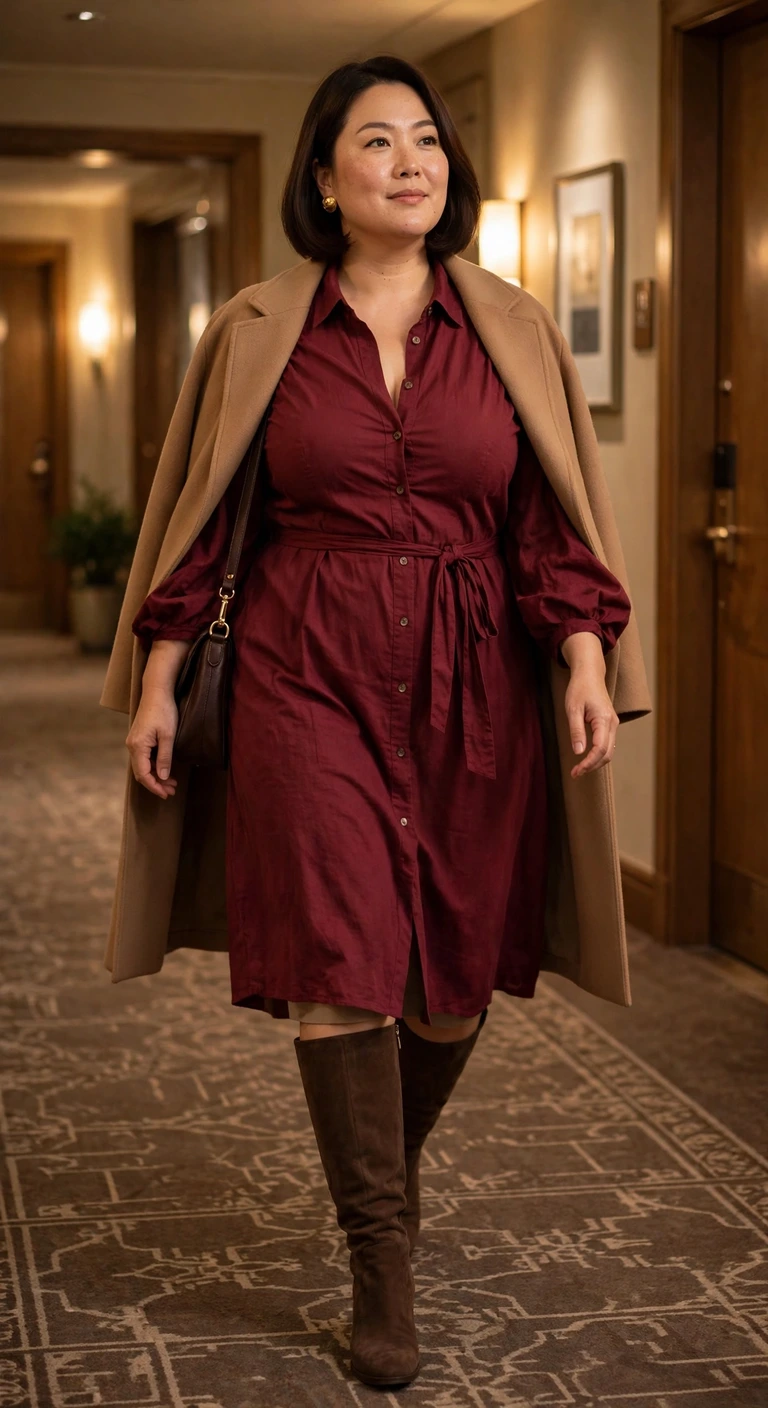 burgundy shirt dress and espresso knee boots