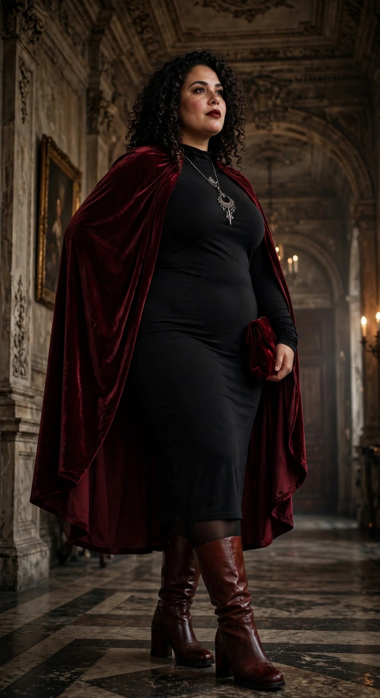 burgundy cape and black midi dress for vampire night