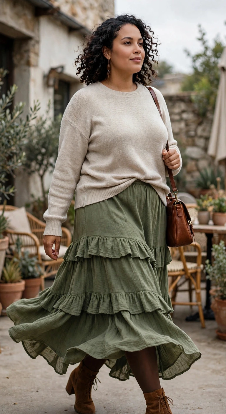 moss tiered maxi skirt and oatmeal sweater