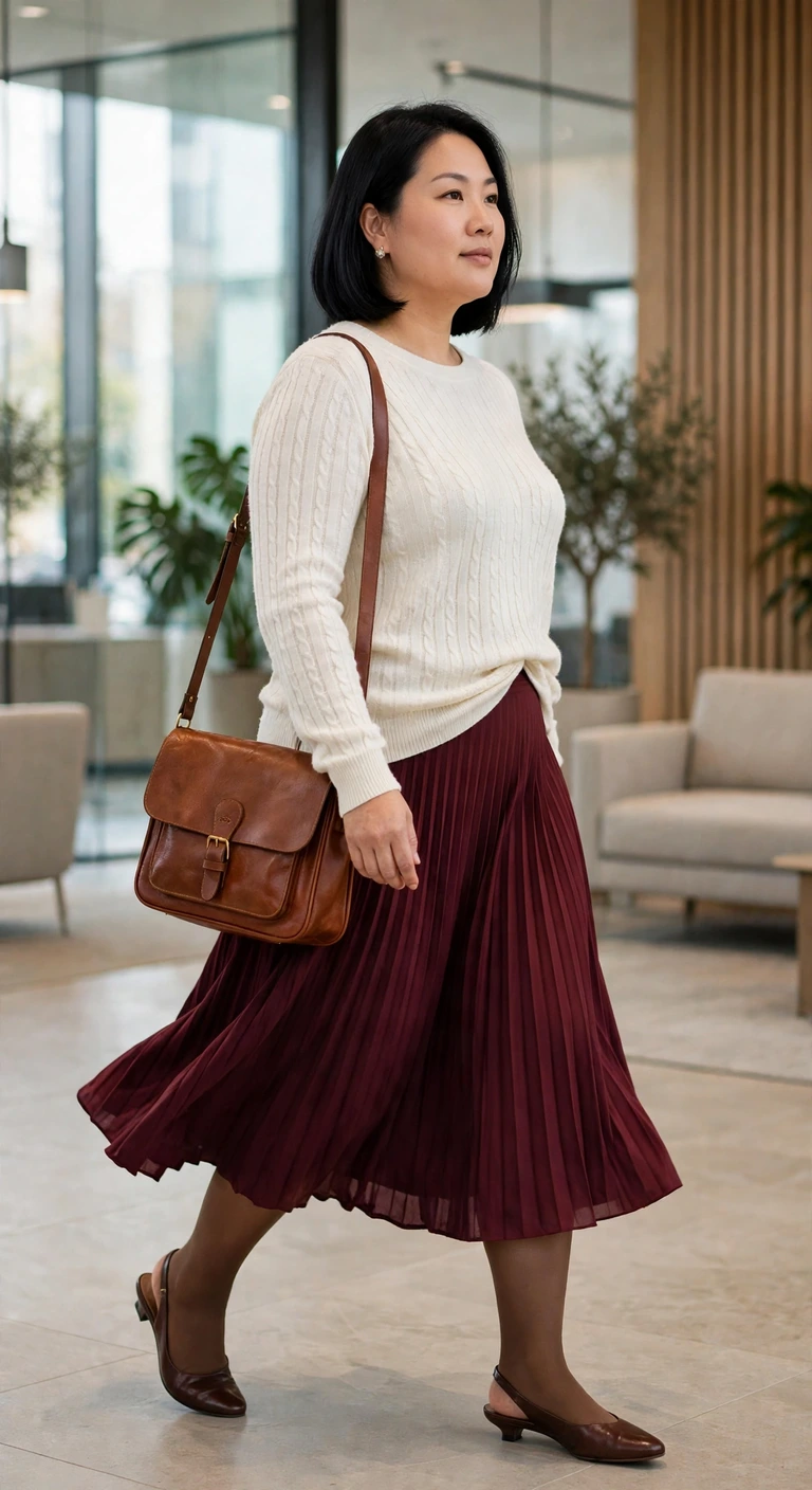 burgundy midi skirt and ivory knit for meetings