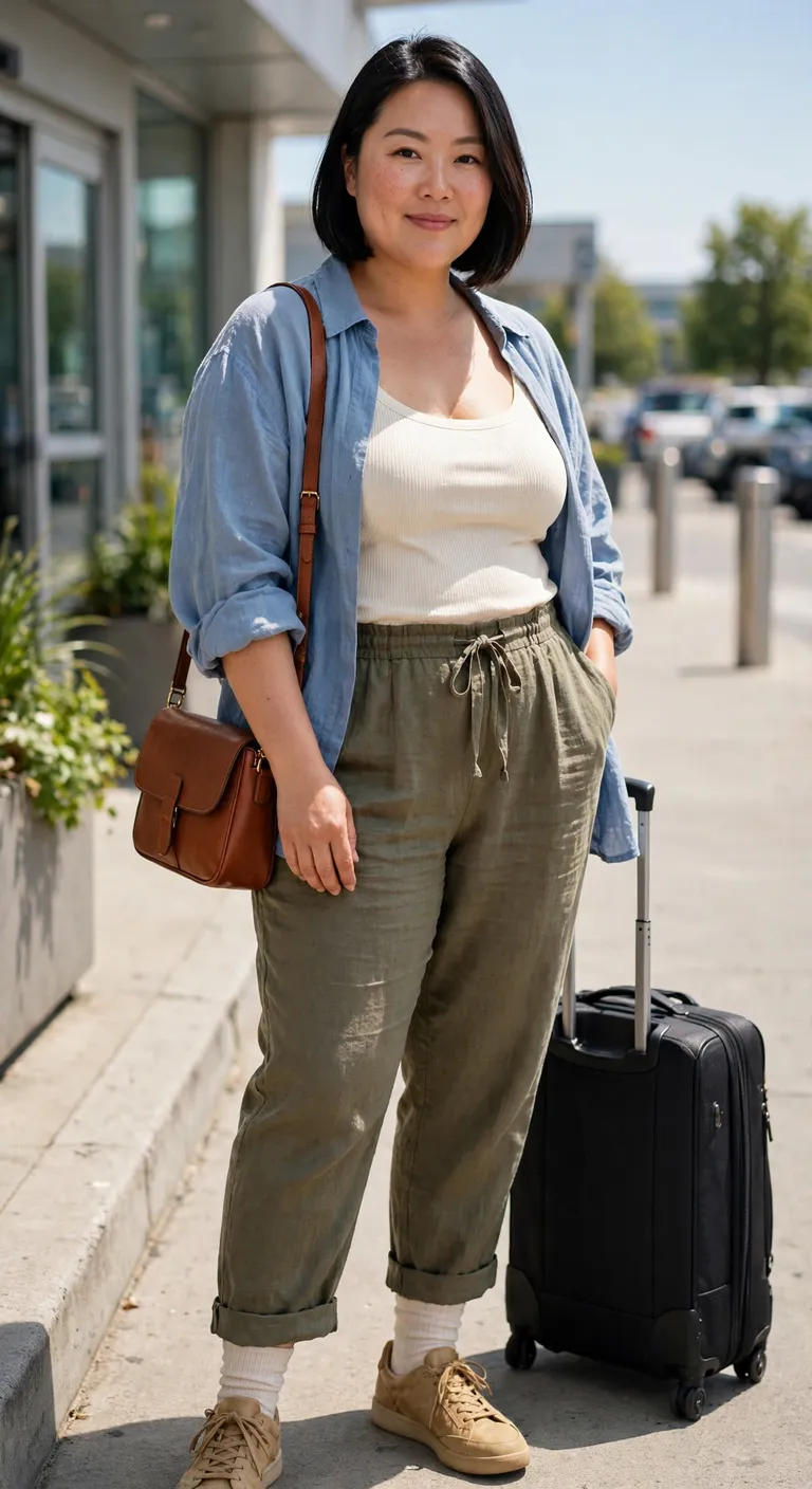 olive linen trousers with a cream tank