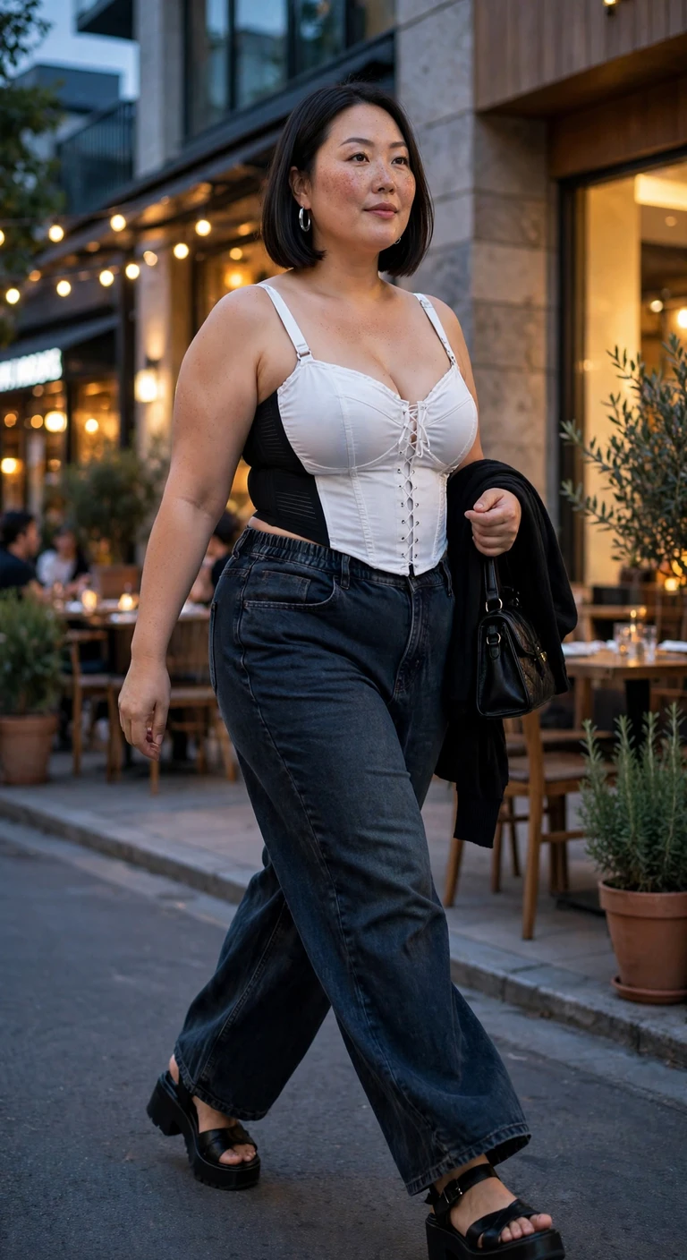 white corset-style top with dark wide leg jeans