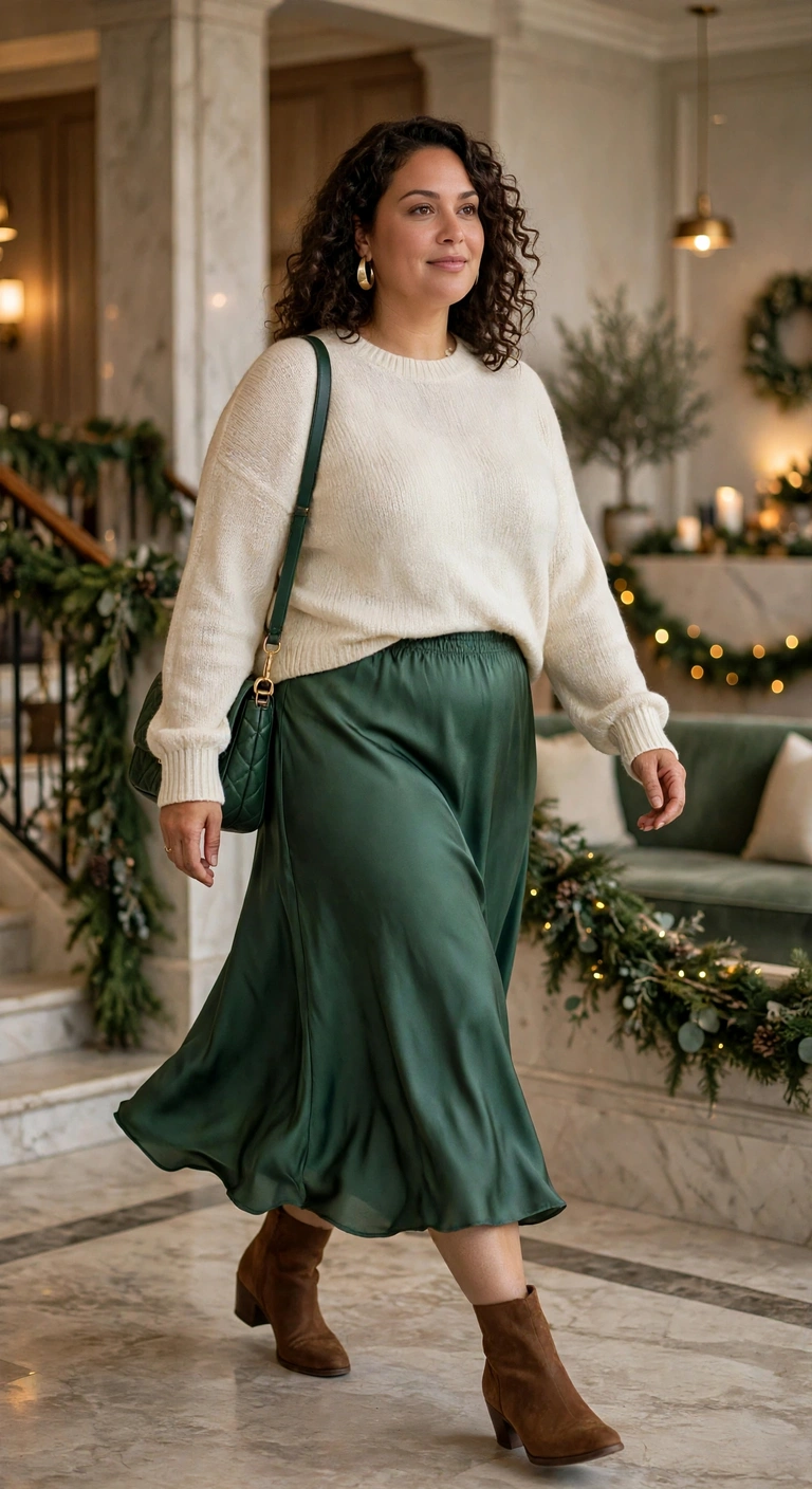 forest green satin skirt with a cream sweater