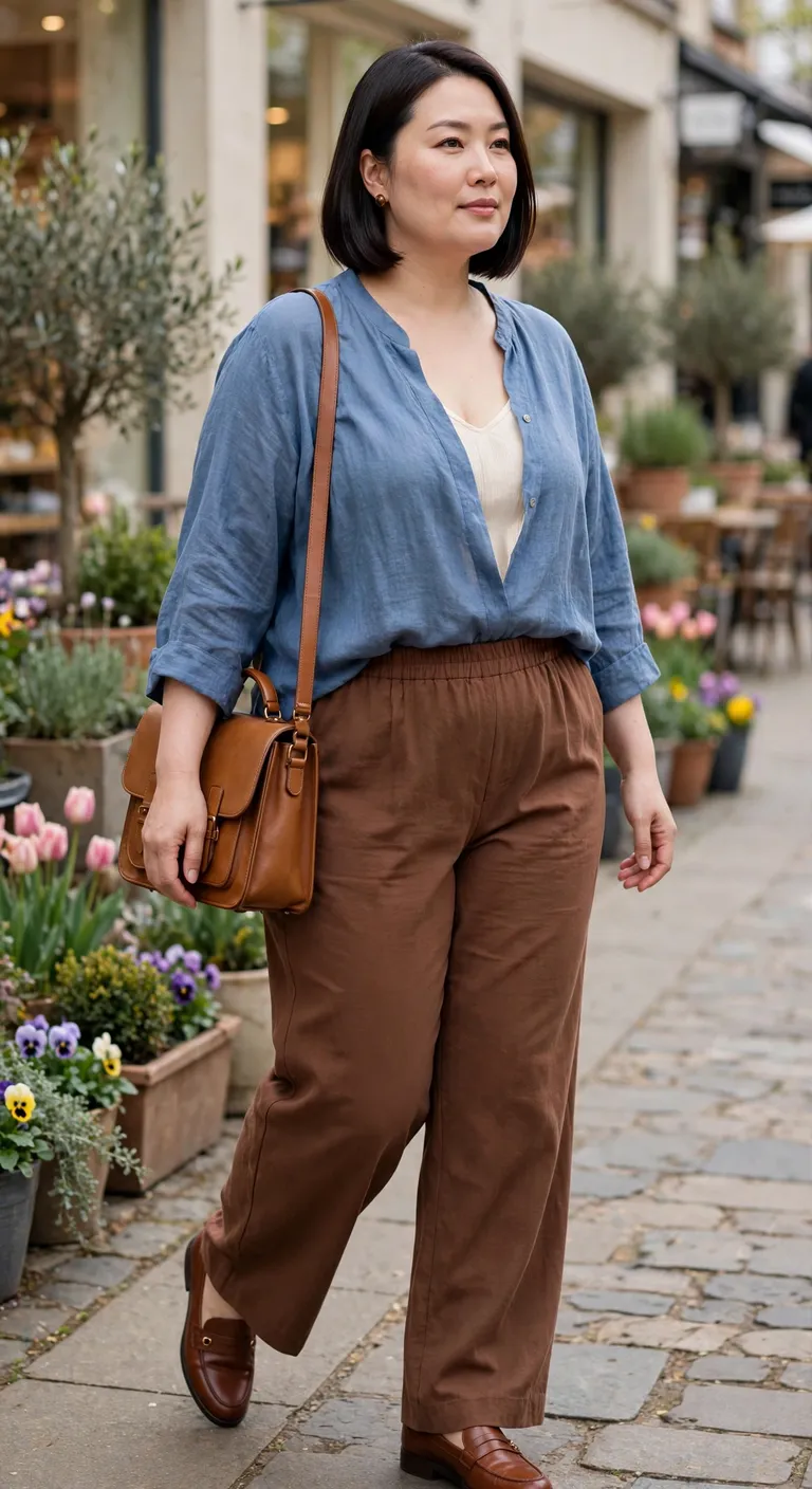soft blue blouse and cocoa wide leg trousers