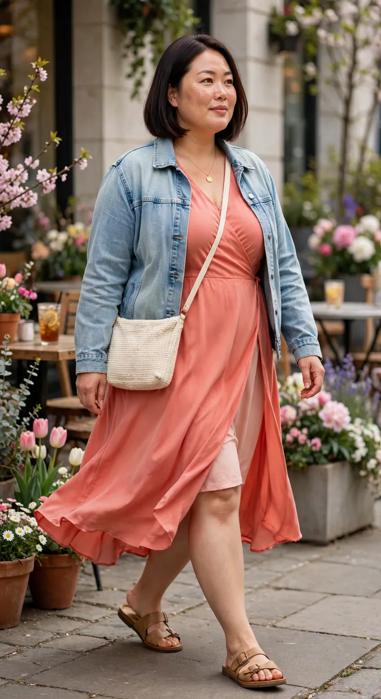 coral midi dress with a light denim jacket