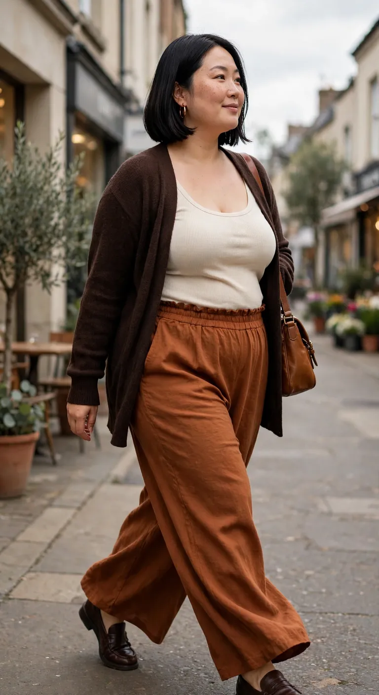 espresso cardigan and rust wide leg trousers