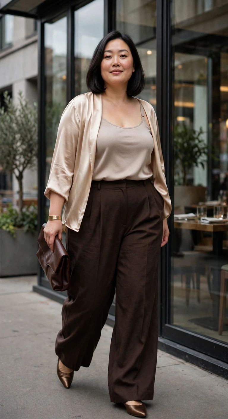 champagne satin blouse and espresso wide-leg trousers