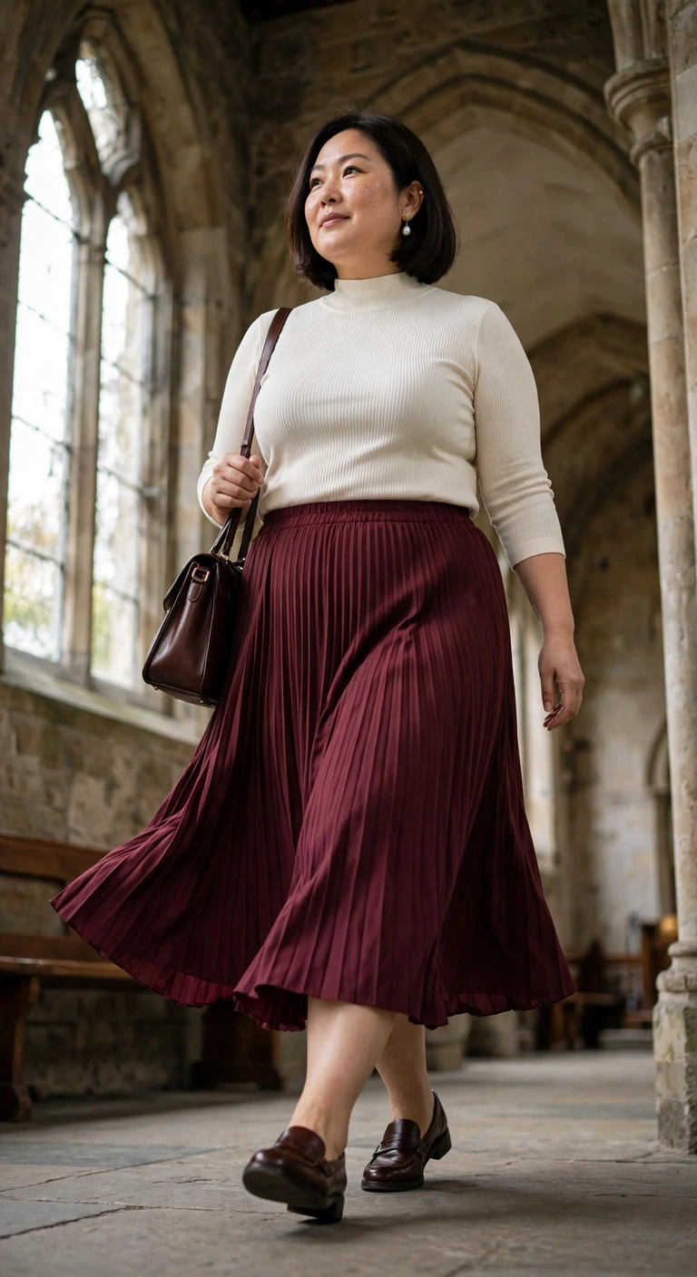 burgundy pleated skirt, ivory mock-neck and loafers