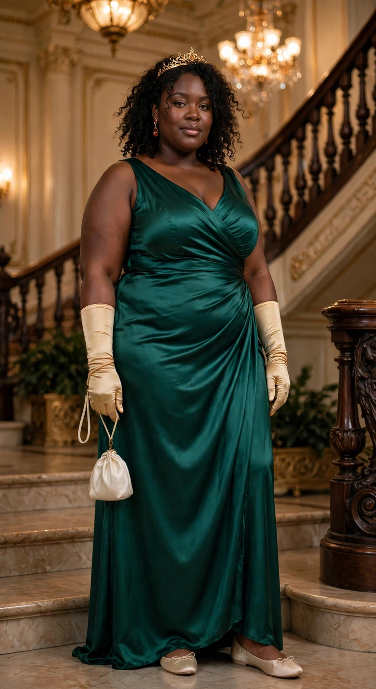 emerald fairytale gown with gold gloves