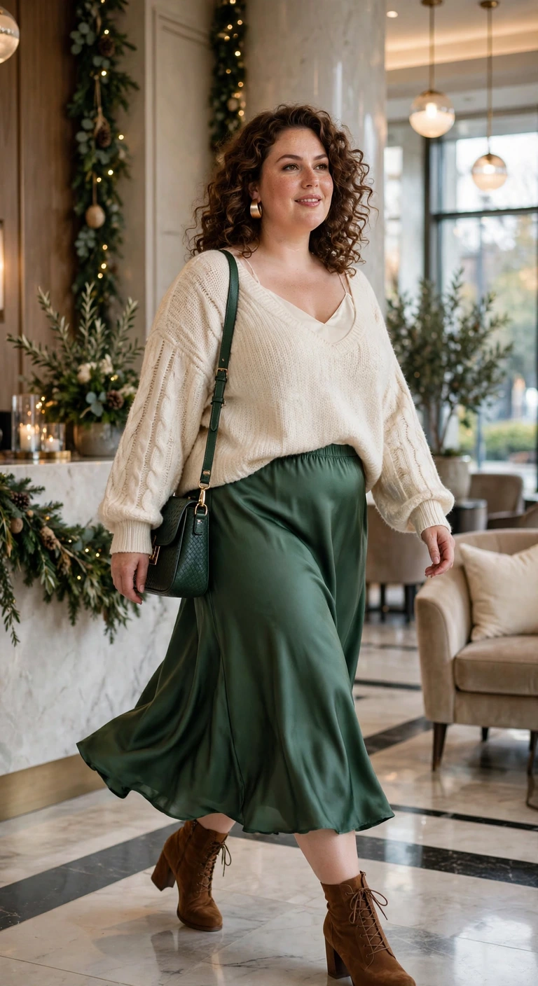 forest green satin skirt, cream sweater and chestnut boots