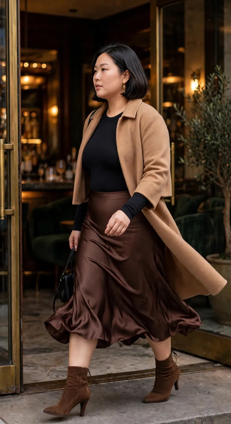 chocolate satin midi skirt, bodysuit and heeled boots