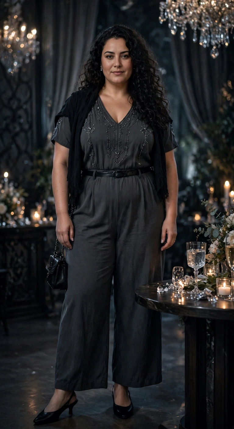 charcoal beaded jumpsuit with low heels