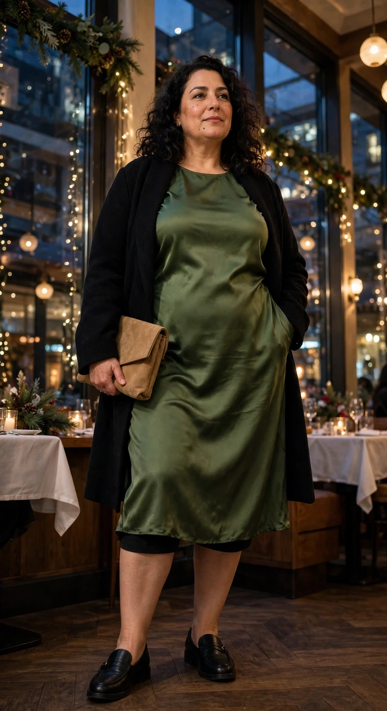 moss satin midi dress with black loafers