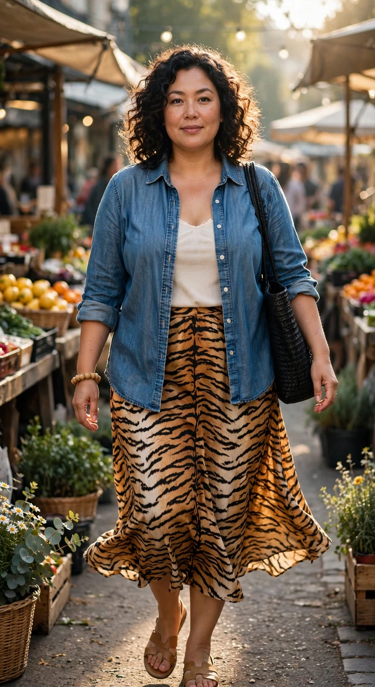 tiger print midi skirt with a soft denim shirt
