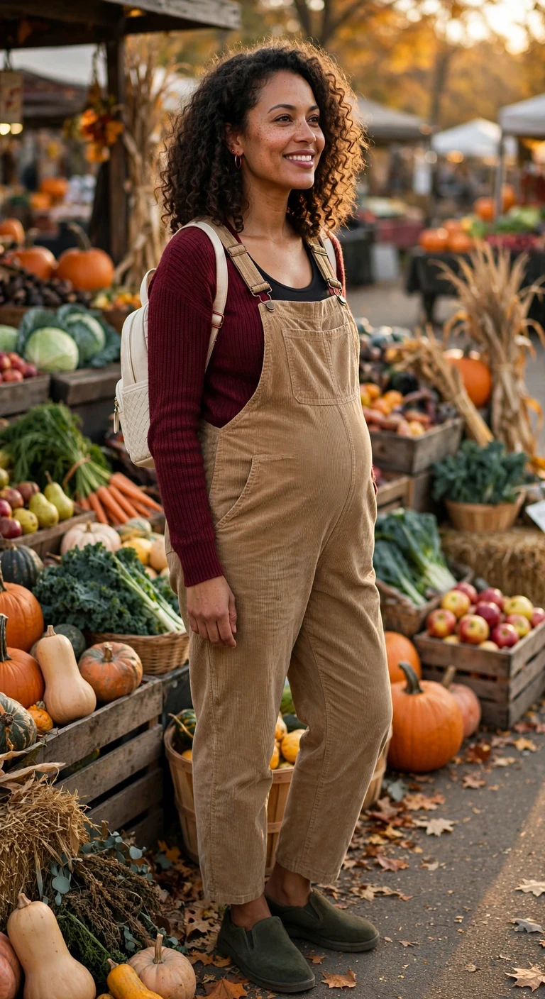 charcoal coat over a wine maternity jumpsuit