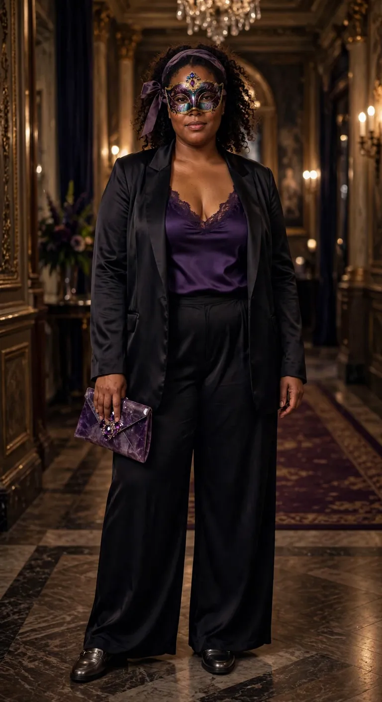 masquerade satin suit with a jeweled mask