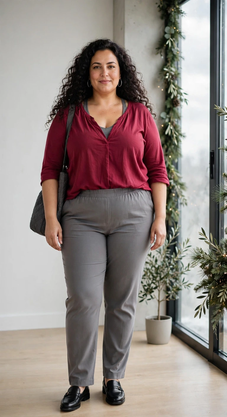 soft gray trousers with a cranberry blouse