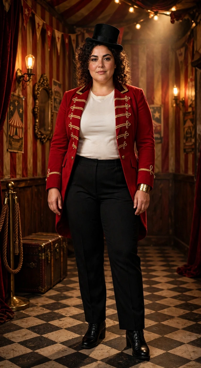 cherry tailcoat with black trousers for a ringmaster