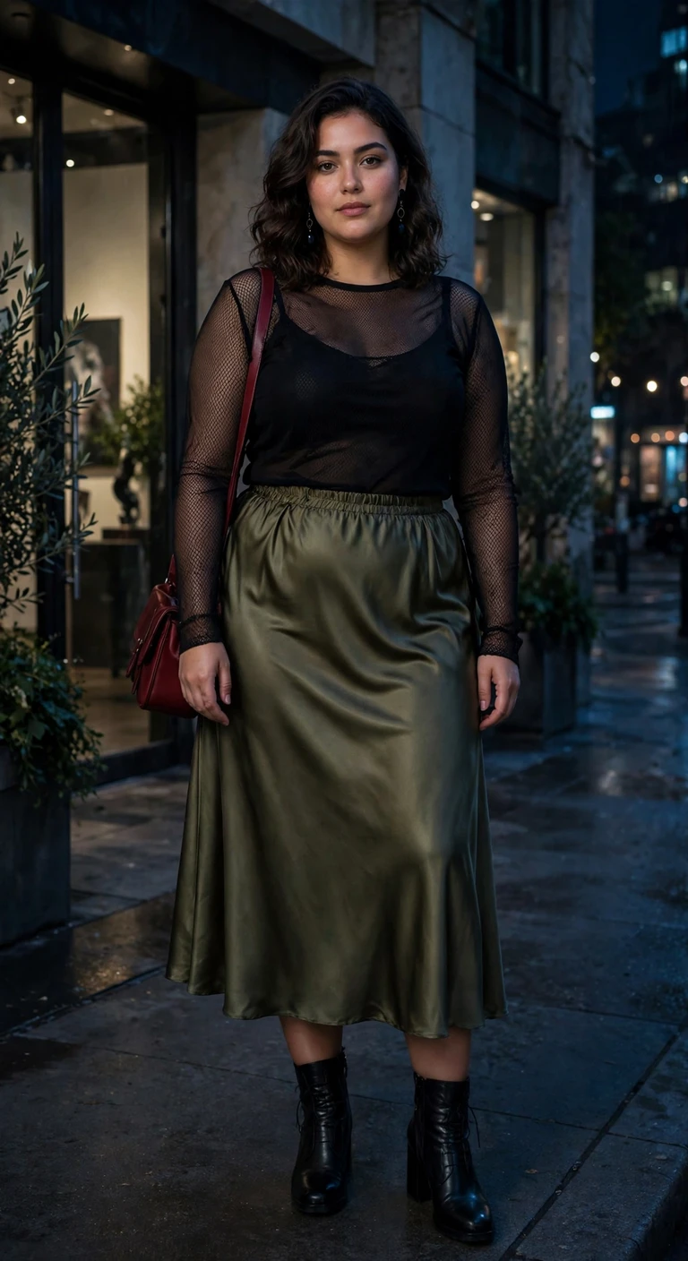 black mesh top with an olive satin skirt