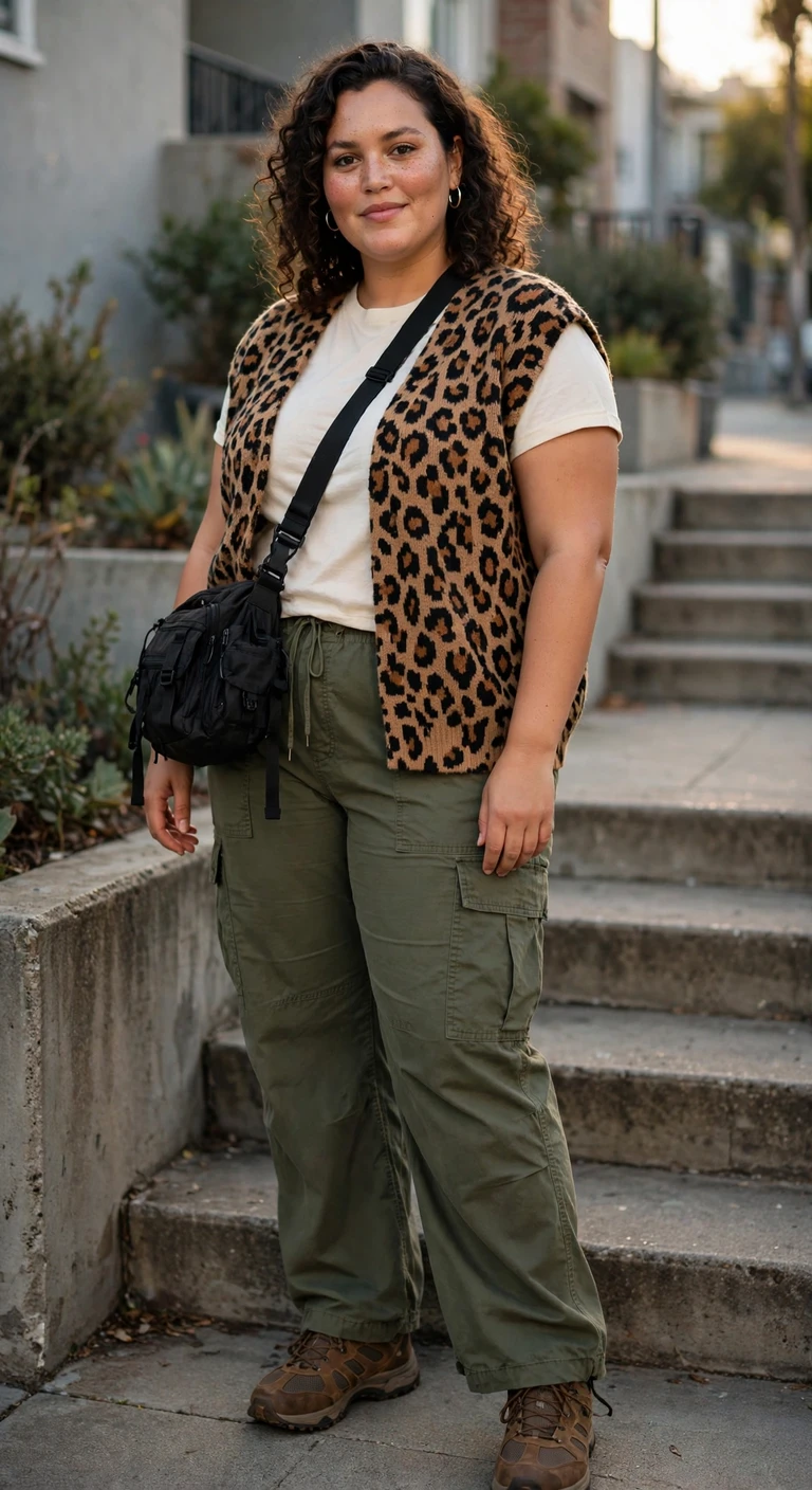 leopard knit vest with olive cargo pants