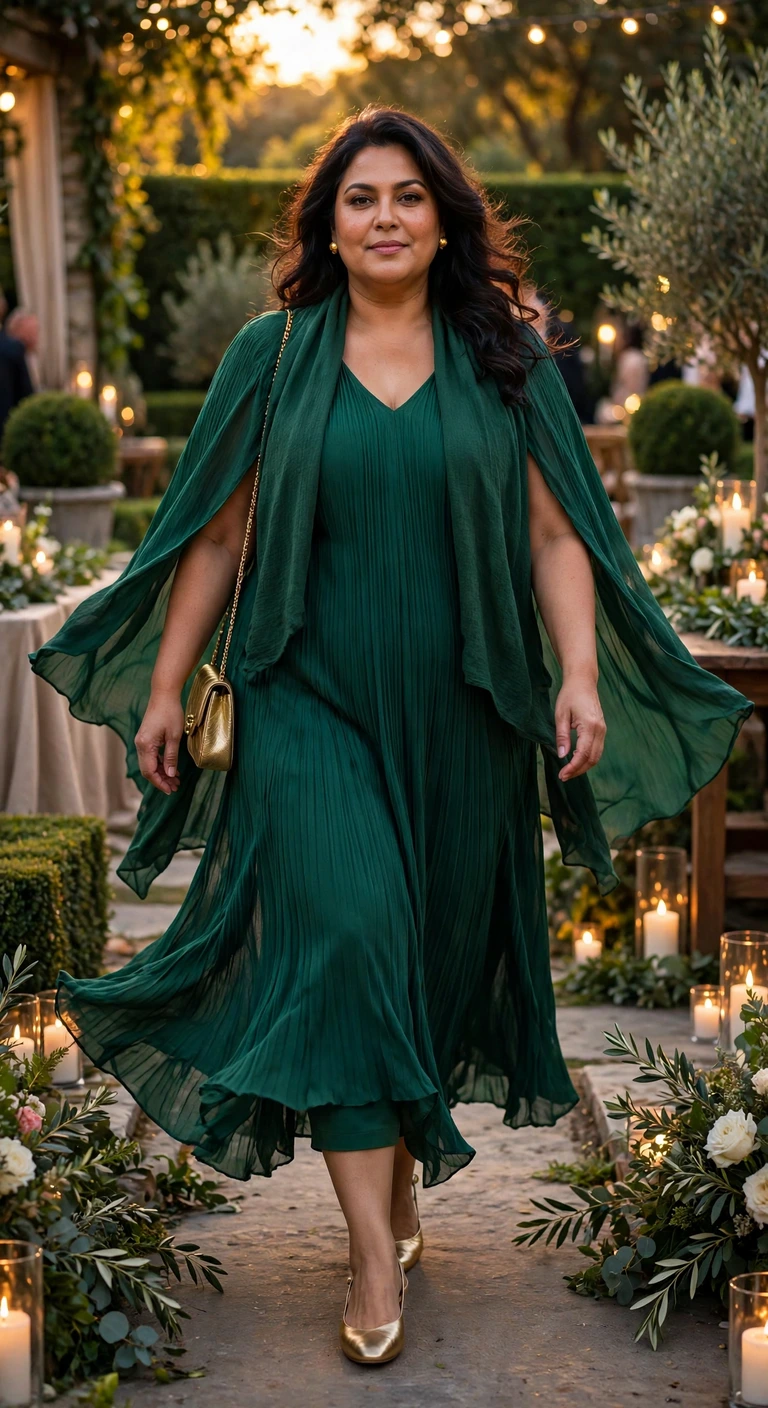emerald pleated cape-sleeve maxi