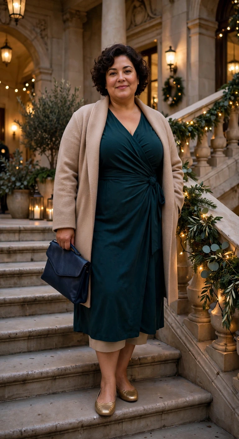 dark teal wrap dress with gold flats