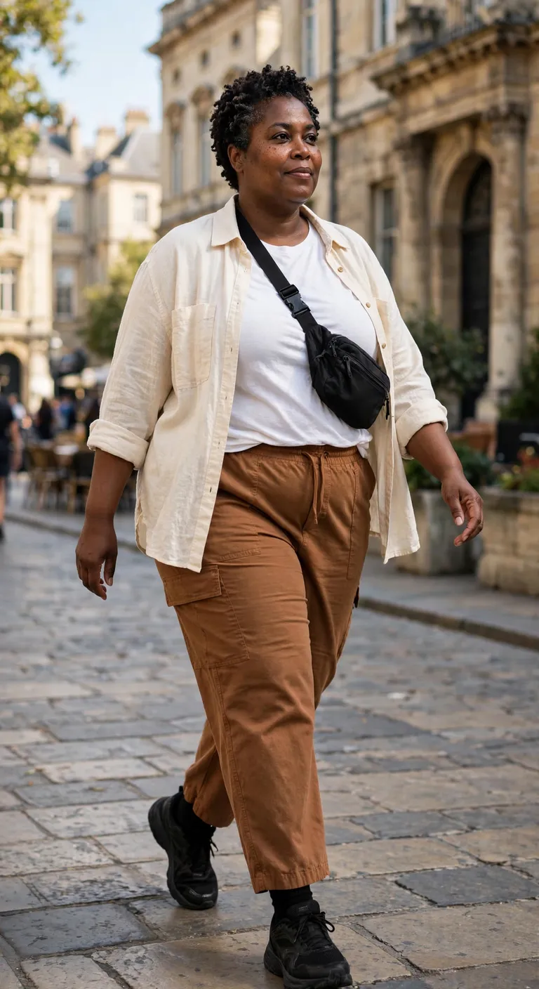 white tee with cinnamon utility trousers