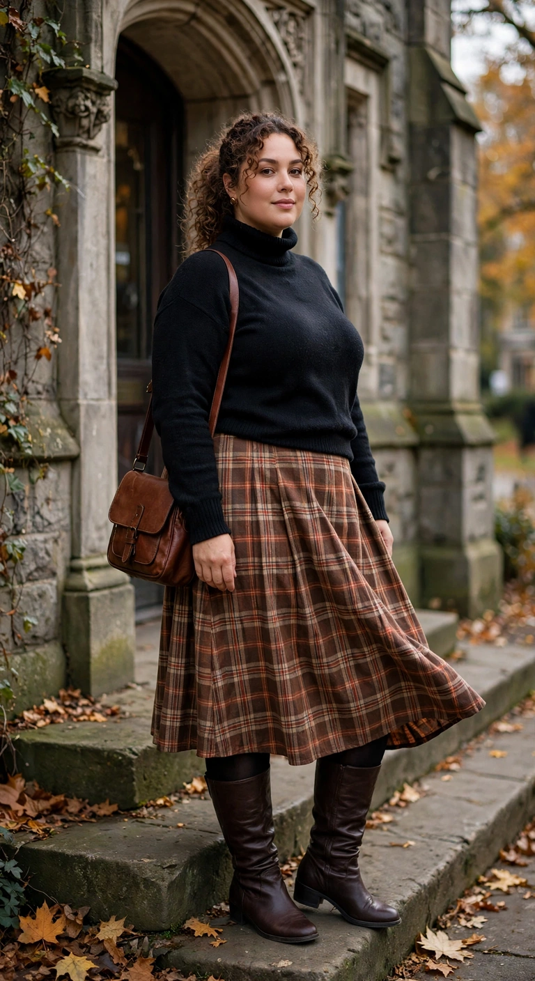 plaid midi skirt with a black turtleneck and tall boots