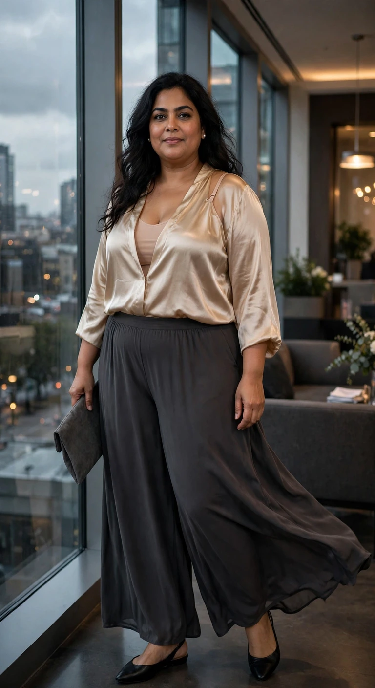 champagne satin blouse with charcoal palazzo pants
