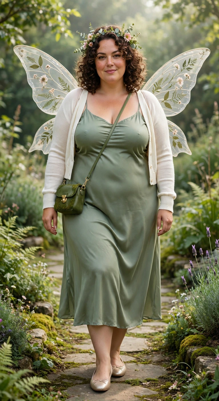 sage slip dress, sheer wings and floral headband