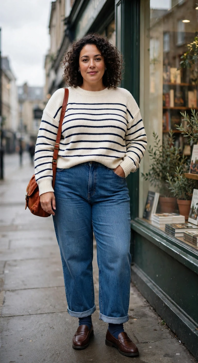barrel-leg jeans with a cream striped sweater