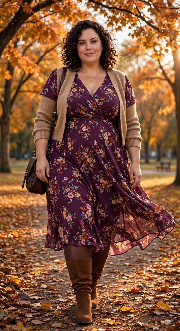 plum floral midi dress with chestnut boots