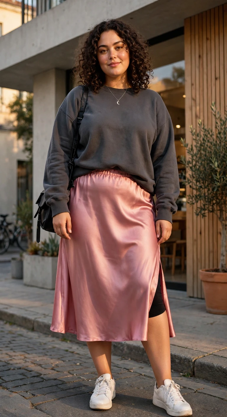 rose satin midi skirt with a charcoal sweatshirt