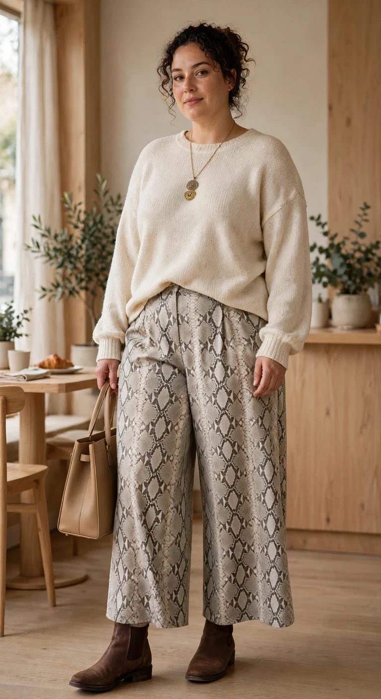 snake print trousers, cream knit and brown boots