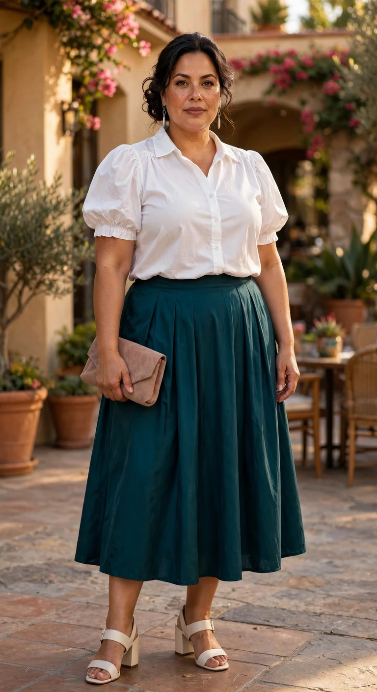 olive utility vest over a black cotton midi skirt